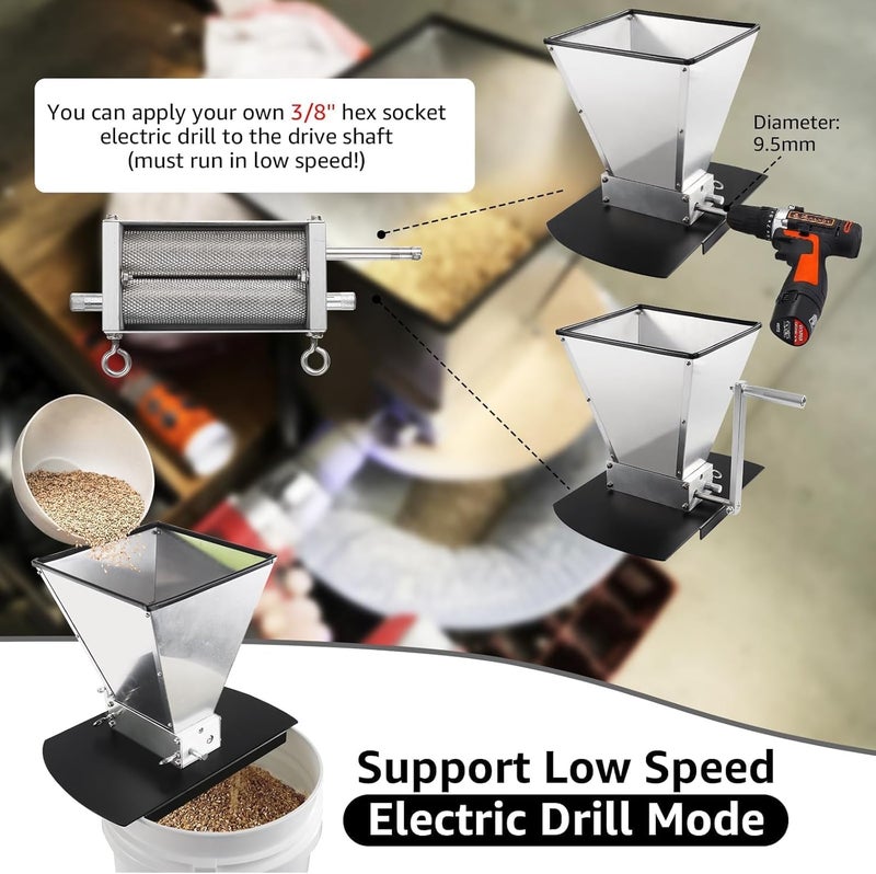 MRbrew Malt Mill Homebrew Grain Crusher Manual Metal Grain Mill Stainless Steel Grinder Mill with Adjustable 2 Bearing Roller & Crank Handle, Fit Low Speed Electric Drill for Wheat Barley Beer Brewing - Image 5